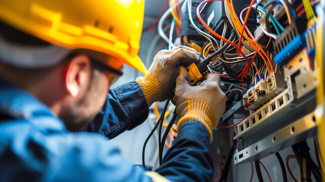 A skilled electrician installing wiring and electrical fixtures with precision and attention to safety standards at a construction site.