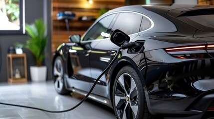 Fototapeta premium a modern electric car being charged in a stylish garage.