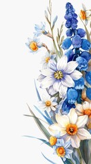 Fototapeta na wymiar A bouquet of blue and white flowers on a white background, Spring flowers