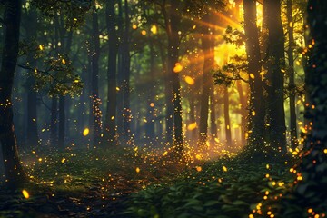 A dense forest illuminated by numerous lights  creating a magical and enchanting ambiance - obrazy, fototapety, plakaty