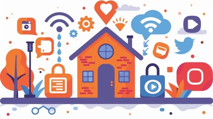 a house with icons of internet, social media, and other devices - 780014973