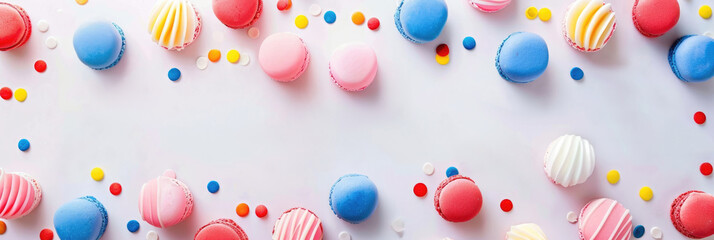 horizontal banner, National Foundation Day Korea, flag of Korea, national Korean sweets, macaroons on a light background, treats for children, top view, copy space, free space for text
