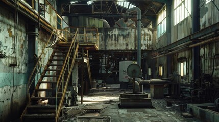 Rusty and abandoned factory interior with damaged equipment. Urban decay and abandoned places concept