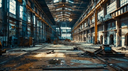 Abandoned factory interior with debris and collapsed structures. Concept of decay and desolation - obrazy, fototapety, plakaty