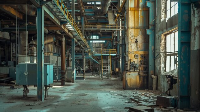 Deserted industrial facility interior with remnants of machinery.