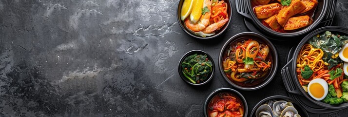 horizontal banner, National Foundation Day Korea, national Korean cuisine, traditional Korean dishes, top view, copy space, free space for text