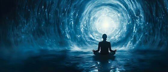 Tranquility Vortex: Meditation and Cosmic Energy. Concept Meditation, Energy Healing, Spiritual Development, Mindfulness Training - obrazy, fototapety, plakaty