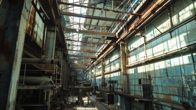 Abandoned industrial factory interior with rusted machinery. Urban exploration concept,