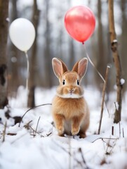Red fluffy rabbit with balloons in the winter forest on the snow among the trees