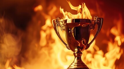 Golden trophy in flames on fiery background. Success and victory concept.
