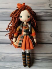Vintage doll with long red hair and a lovely dress. Handmade and creativity concept.