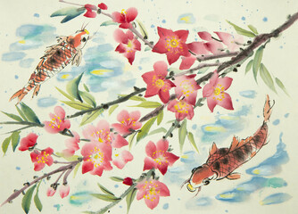 Two koi fish and a branch of blossoming peach - 780015945