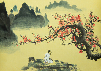 the poet admires a branch of a blossoming plum - obrazy, fototapety, plakaty