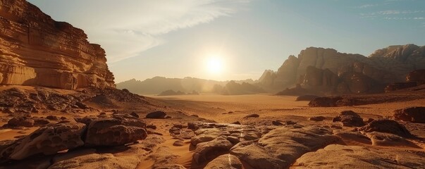 Sun over a vast desert with sand dunes and dramatic mountain structures, portraying tranquility and the grandeur of nature - obrazy, fototapety, plakaty
