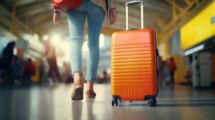 Stylish urban traveler with orange rolling suitcase walks through busy airport - everyday travel.