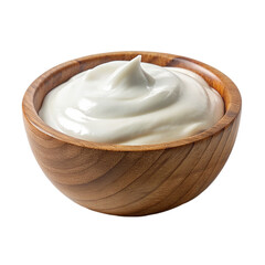 Sour cream in a wooden bowl isolated on a transparent background.