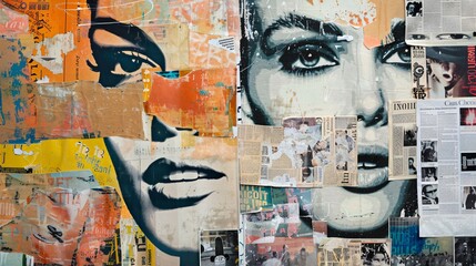 Retro art collage. Beauty woman face. Banner