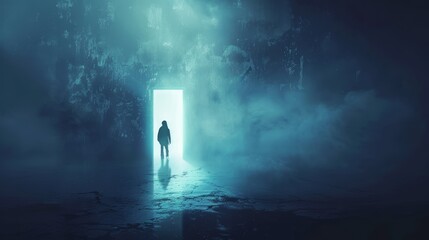 Silhouetted person facing a glowing portal in a misty room. Mysterious digital art scene