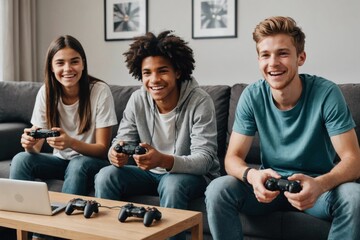 Happy diverse group of teenagers sitting on couch and playing video games at home