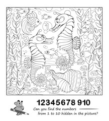 Can you find the numbers from 1 to 10 hidden in the picture? Logic puzzle game. Coloring book for kids. Math education for children. Black and white vector illustration. Developing counting skills