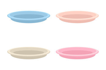 Empty plates of different pastel colors collection. Perfect print for stickers, poster, menu. Isolated vector illustration for decor and design.