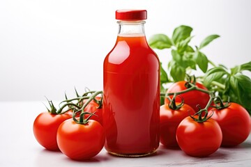 Bottle of fresh red tomato juice on a white background isolated