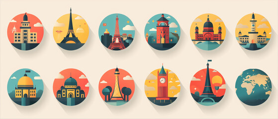 A flat design icon set for a travel app featuring landmarks from around the world - obrazy, fototapety, plakaty