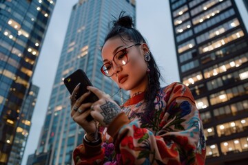 Urban Trendy Woman with Smartphone in the City at Dusk