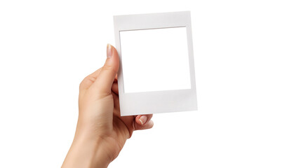 hand holding a empty polaroid photo template. blank photo frame mockup. Vintage Card on transparent background