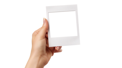 hand holding a empty polaroid photo template. blank photo frame mockup. Vintage Card on transparent background