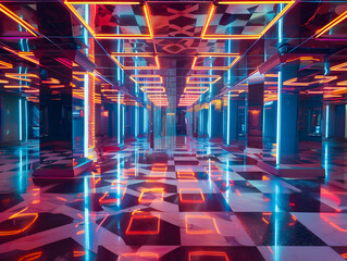 A neon lit room with a checkered floor. The room is empty and the lights are on