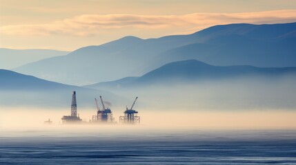 Distant photograph of far away oilrig seen from afar in the open ocean 