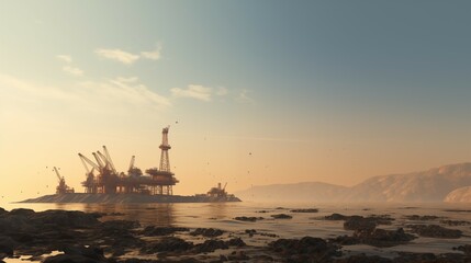 Fototapeta premium Distant photograph of far away oilrig seen from afar in the open ocean 