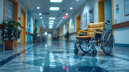Empty hallway, doctor’s office, and close-up shot of wheelchair
