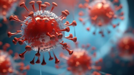 Red and white virus cell on a blue and red background. - obrazy, fototapety, plakaty