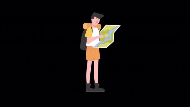 A Young Traveling Man Looks At The Map To His Destination 2D Animation On Alpha Channel