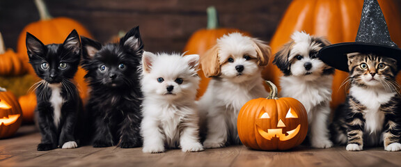Furry Halloween Gathering: Cute Puppies and Kittens with Pumpkins, Generative AI