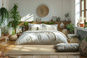 Bedroom interior concept with fabric bed and home decor. Classic interior design. Generative AI