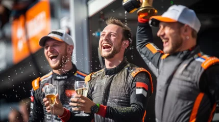Rolgordijnen zonder boren Formula One racing team celebrating victory with champagne on the winners' podium after a successful race.  © val
