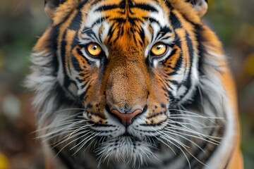 A close up of a tiger's face with yellow eyes