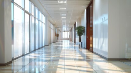 Sunny corporate hallway with reflective tiled floor. Bright and modern office interior design concept