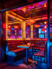 Naklejka premium A neon lit room with a red couch and a table with a glass on it. The room is dimly lit and has a cozy atmosphere