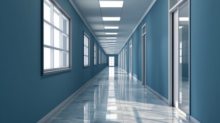 Long corridor in commercial building with blue walls and window light reflections. Office interior design concept.