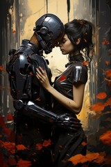 Naklejka premium Autumn Embrace Between Woman and Robot in Digital Artwork