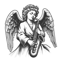 angel playing jazz saxophone, blending spirituality with the joy of music in a vintage style sketch engraving generative ai vector illustration. Scratch board imitation. Black and white image.