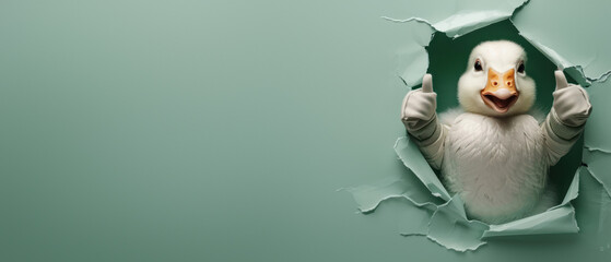 A witty astronaut duck giving thumbs up behind a torn green wall, hinting at success and achievement - obrazy, fototapety, plakaty