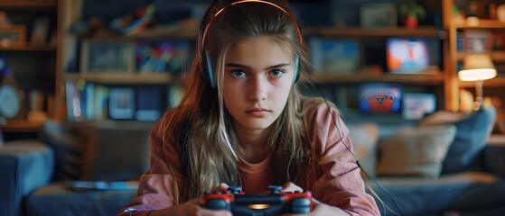 Focused Gamer Girl in Cozy Room, Engaged in Online Play. Concept Online Gaming, Cozy Room, Focused Gamer Girl, Engaged Play