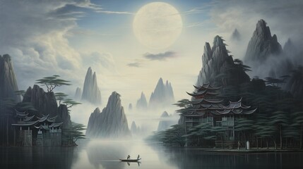 A calm and surreal artwork depicting a small boat journey beneath a large moon amidst mystical mountainous surroundings - Powered by Adobe