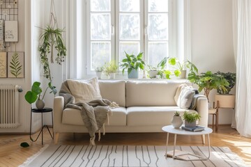 Interior design of modern apartment with bright sofa, table home plants and decoration. Interior mockup. Scandinavian interior design. Generative AI - obrazy, fototapety, plakaty