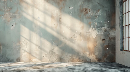 empty room with rough painted walls and sunlight from a large window - obrazy, fototapety, plakaty